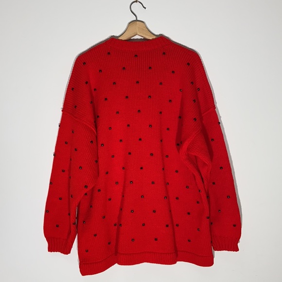 Oversized Handmade Red Knit Crewneck Sweater with Beads - Picture 6 of 12